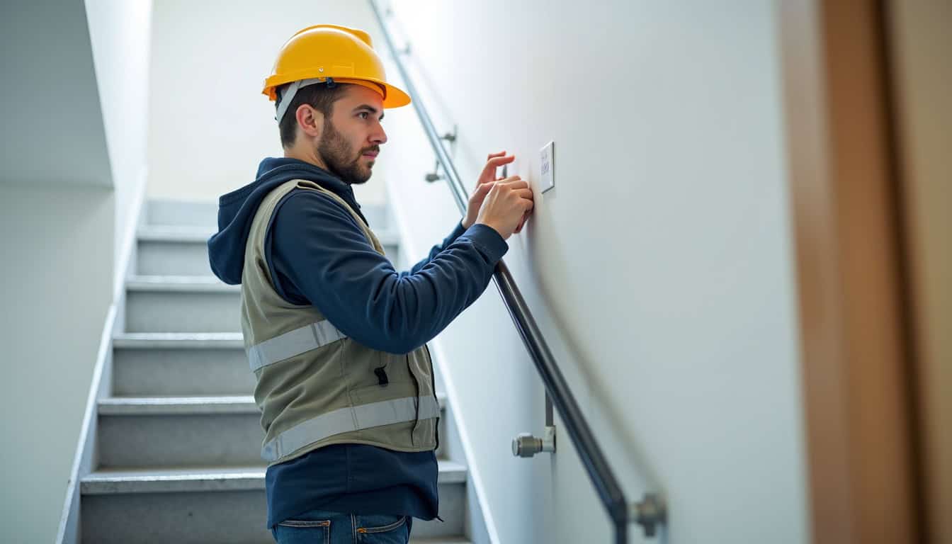 Technicien qualifié en train de tester un monte-escalier après installation à Boust