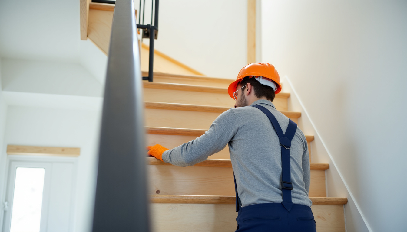 Technicien qualifié en train d’effectuer une visite technique dans une maison de Wervicq-Sud pour mesurer l’escalier