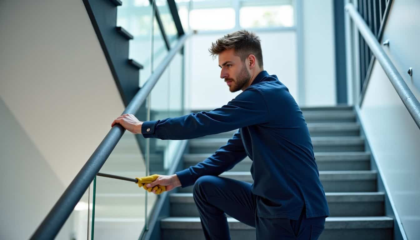 Technicien réalisant un entretien annuel sur un monte-escalier à Rioz