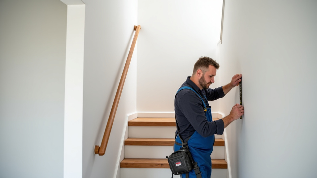 Technicien spécialisé en train de mesurer un escalier en colimaçon dans une maison à Lunay