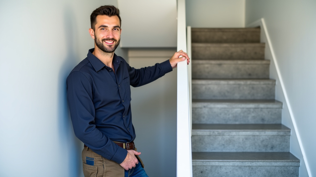 Technicien spécialisé en train de présenter un monte-escalier à un client à Mellac