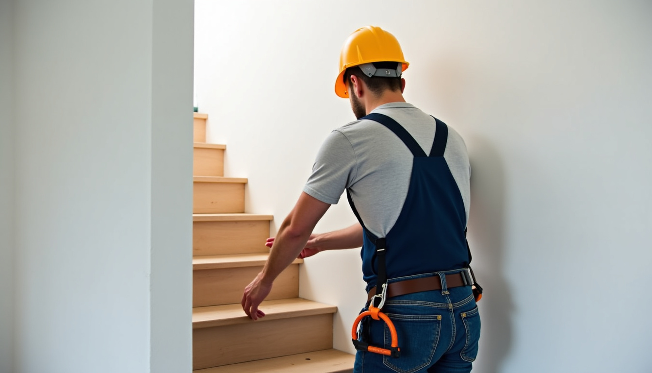 Technicien spécialisé en train de vérifier un monte-escalier dans une maison à Épron