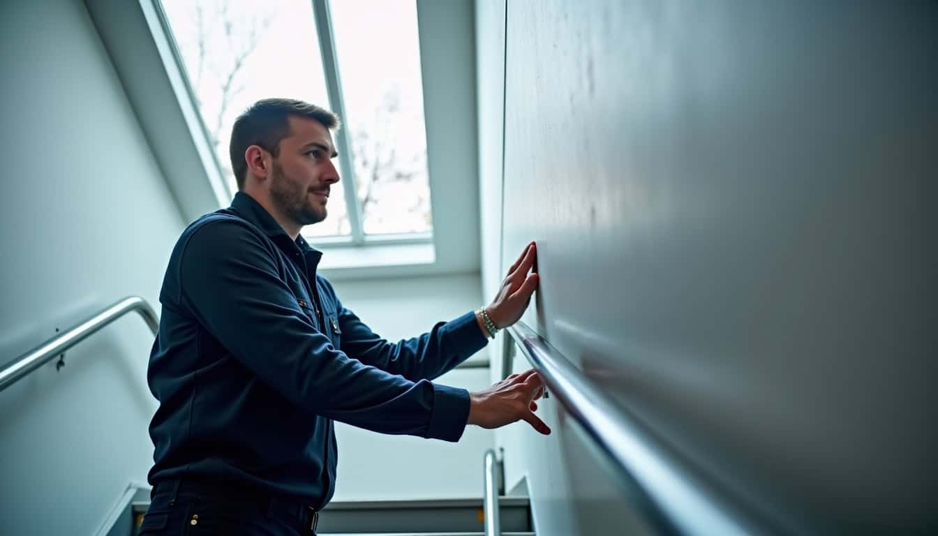 Technicien vérifiant le bon fonctionnement d’un monte-escalier lors d’une visite d’entretien à Plougourvest