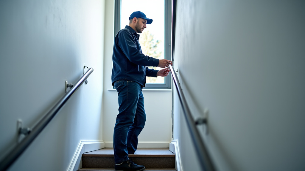 Technicien vérifiant un monte-escalier lors d’une visite d’entretien à Milly-la-Forêt