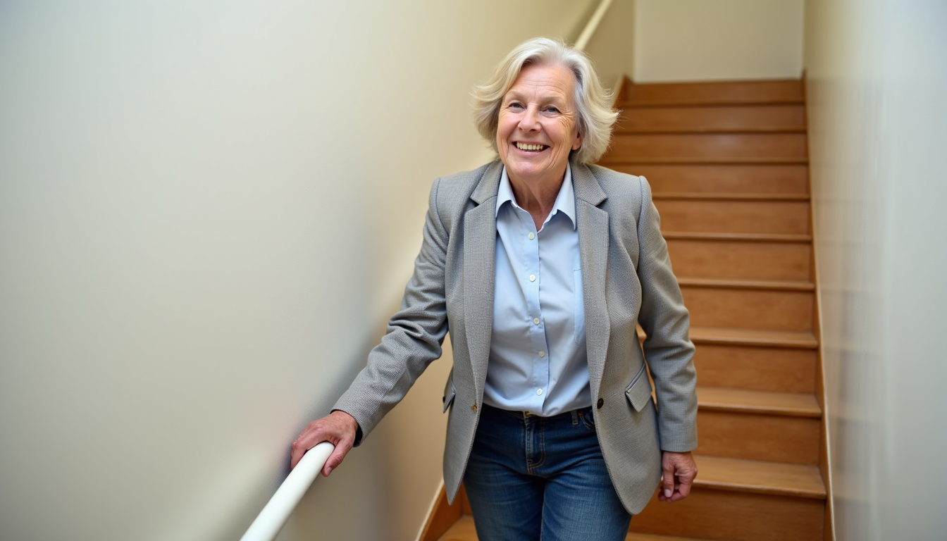 Un résident âgé de Créon utilisant son monte-escalier avec un large sourire, illustrant le confort retrouvé