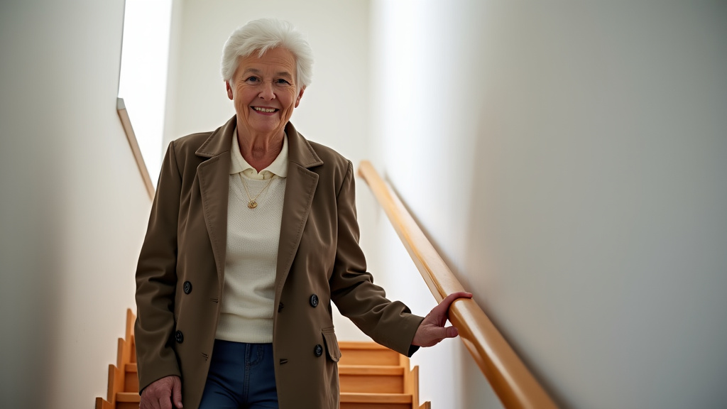 Un résident âgé utilisant un monte-escalier dans sa maison à Saint-Thonan, souriant et en sécurité