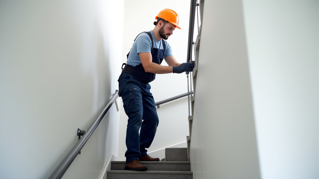 Un technicien effectue un entretien de routine sur un monte-escalier installé dans une maison de l’Ain