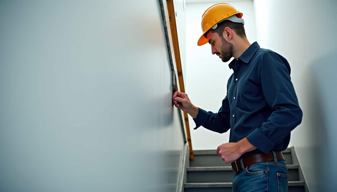 Un technicien en tenue de travail effectue des mesures sur un escalier à Chamarandes-Choignes lors d
