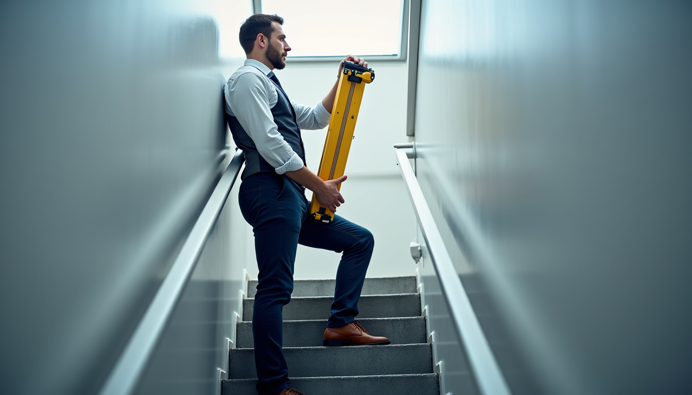 Un technicien en train de mesurer un escalier lors d