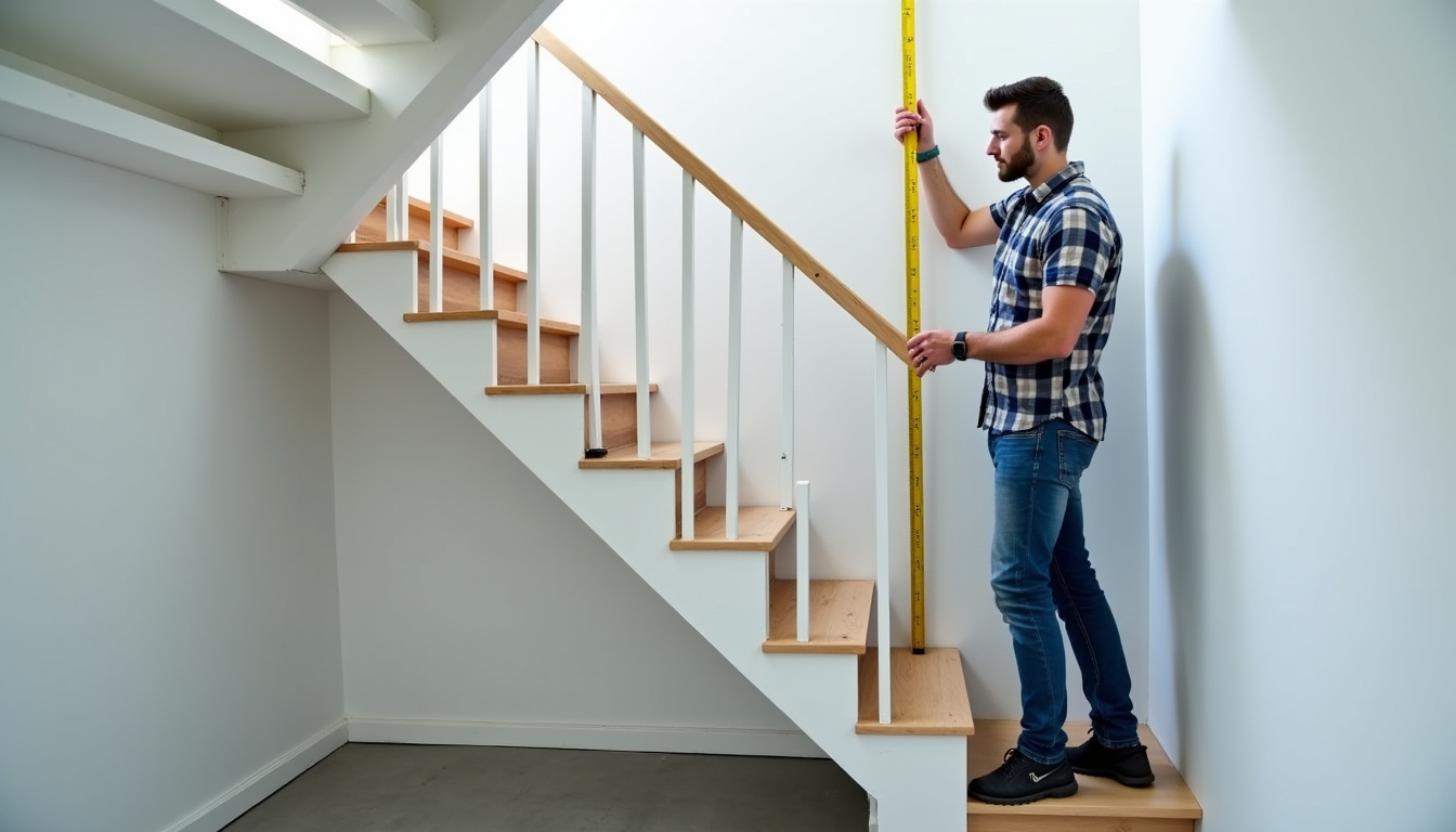 Un technicien en train de mesurer un escalier pour un monte-escalier à Assat