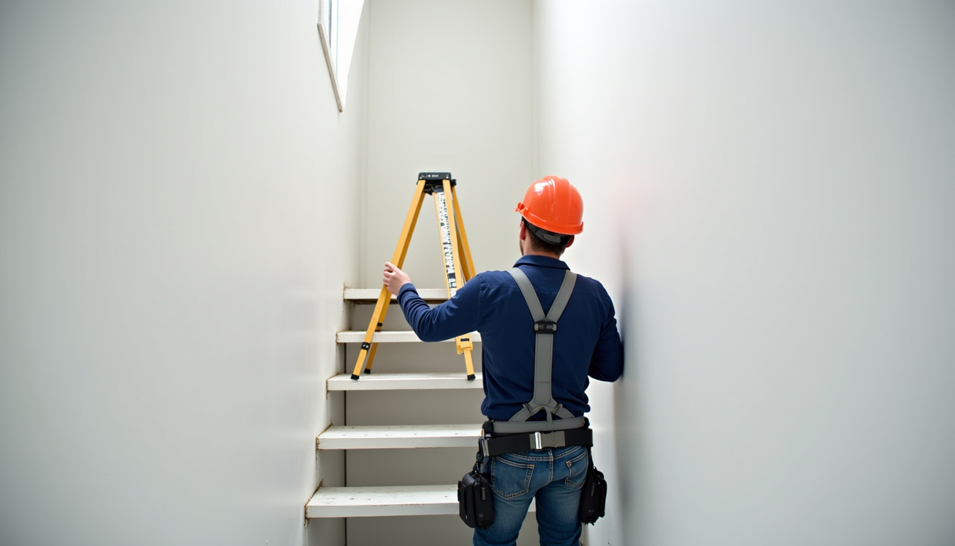 Un technicien en train de mesurer un escalier pour une installation de monte-escalier à Feugarolles