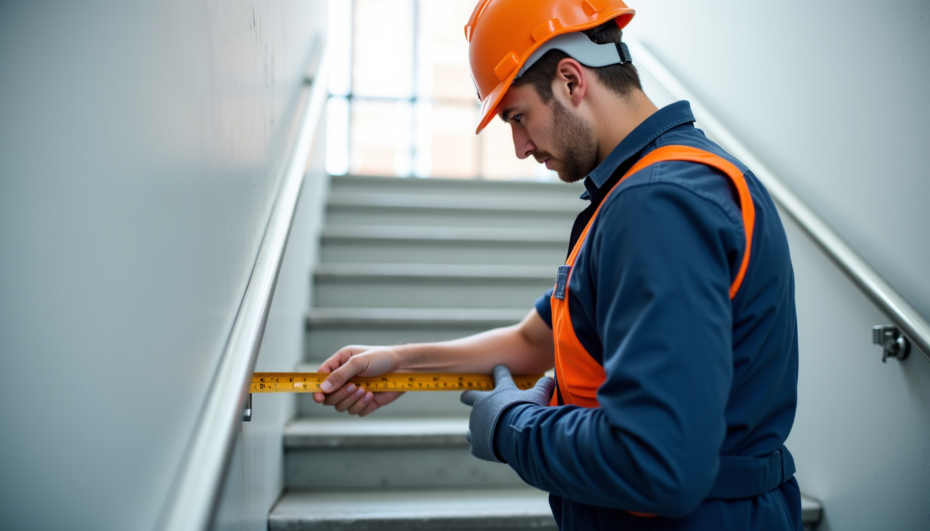 Un technicien en train de prendre des mesures sur un escalier à Aramon lors d