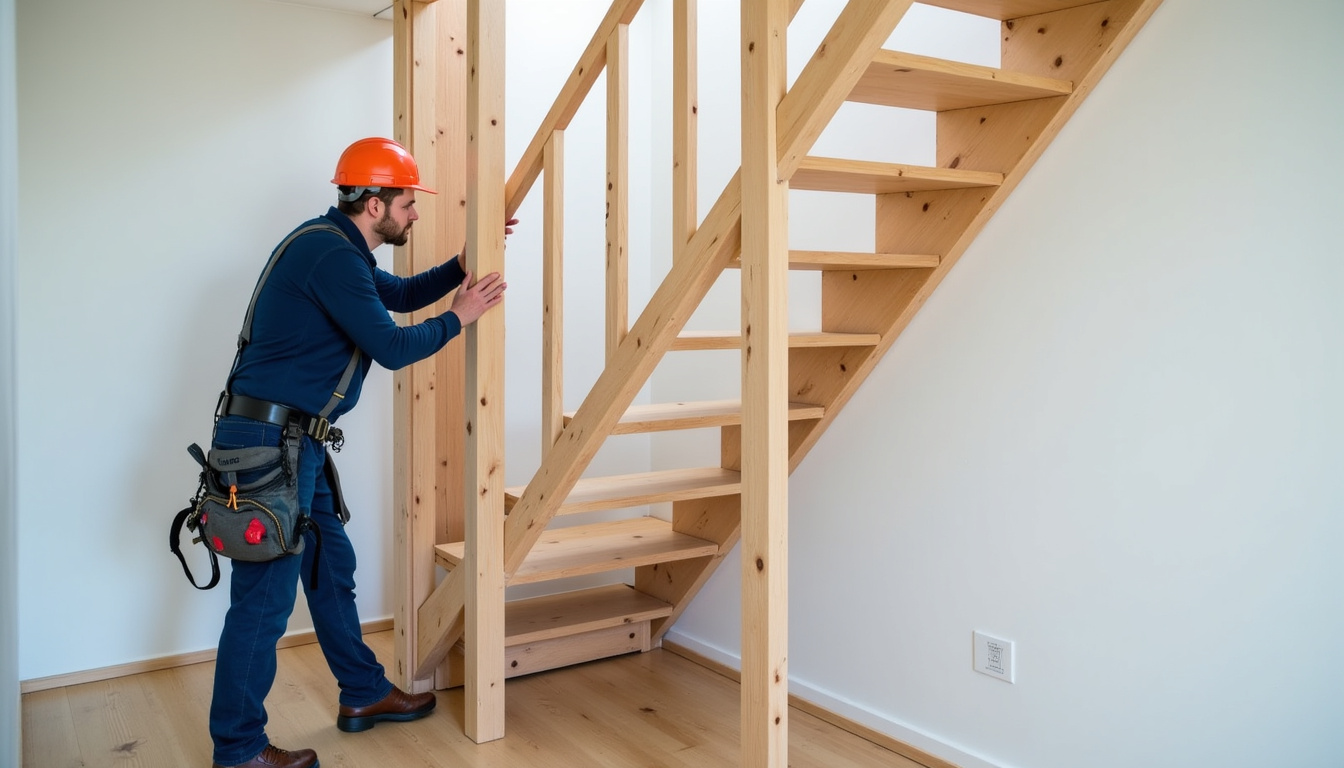 Un technicien en train d’installer un monte-escalier dans une maison à Sulniac, avec vérification des mesures et du rail