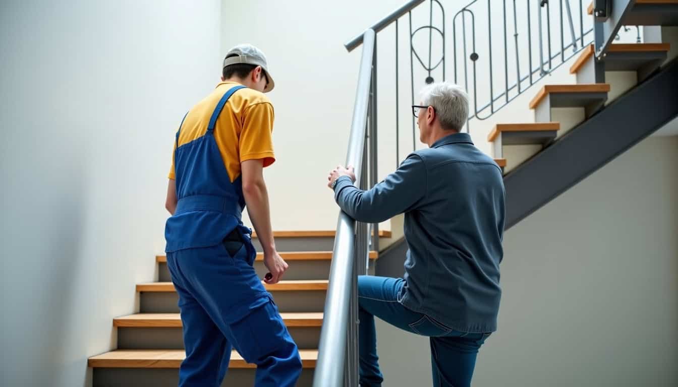 Un technicien en train d’installer un monte-escalier tournant à Saint-Aubin, en présence d’un client âgé