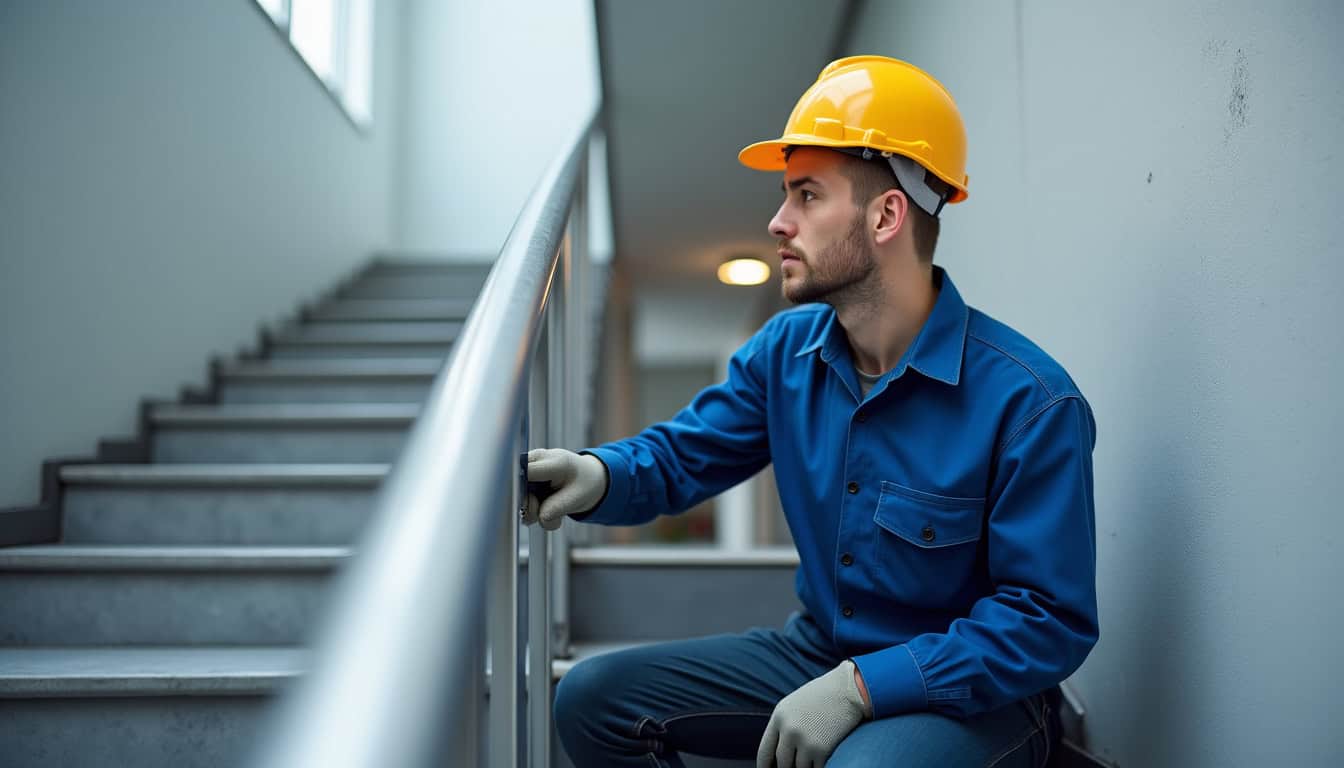 Un technicien en uniforme effectue une maintenance préventive sur un monte-escalier en marche