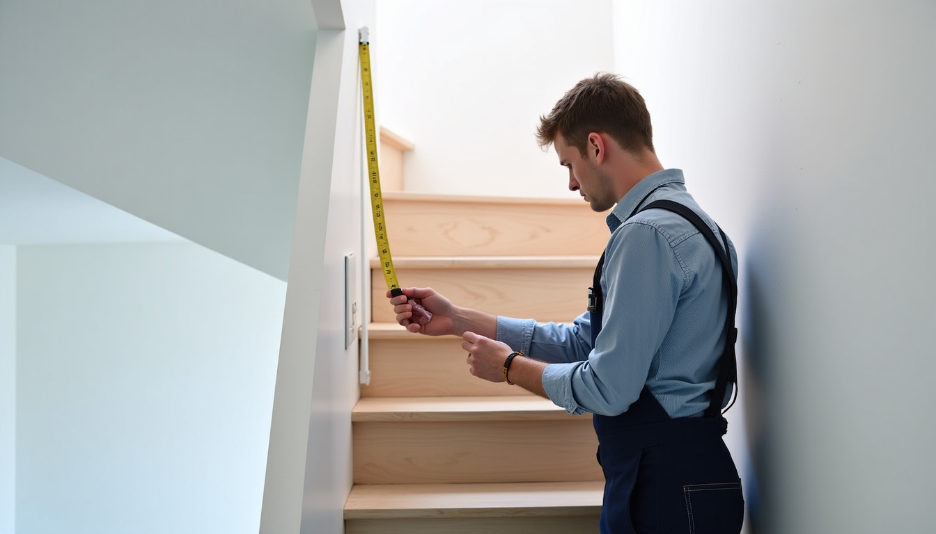 Un technicien mesure un escalier à Prunay lors d’une visite technique préalable à l’installation