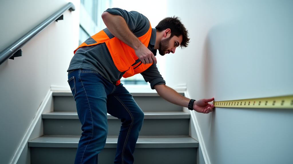 Un technicien prend des mesures précises sur un escalier en colimaçon lors d’une visite technique à Le Fauga
