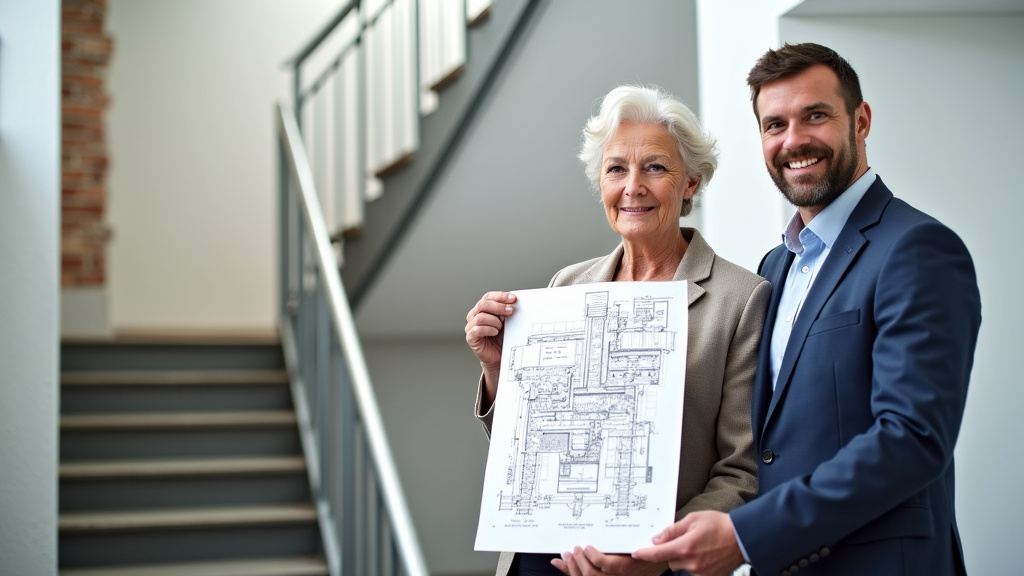 Un technicien présente un devis détaillé pour un monte-escalier à un couple âgé dans le département de l’Ain