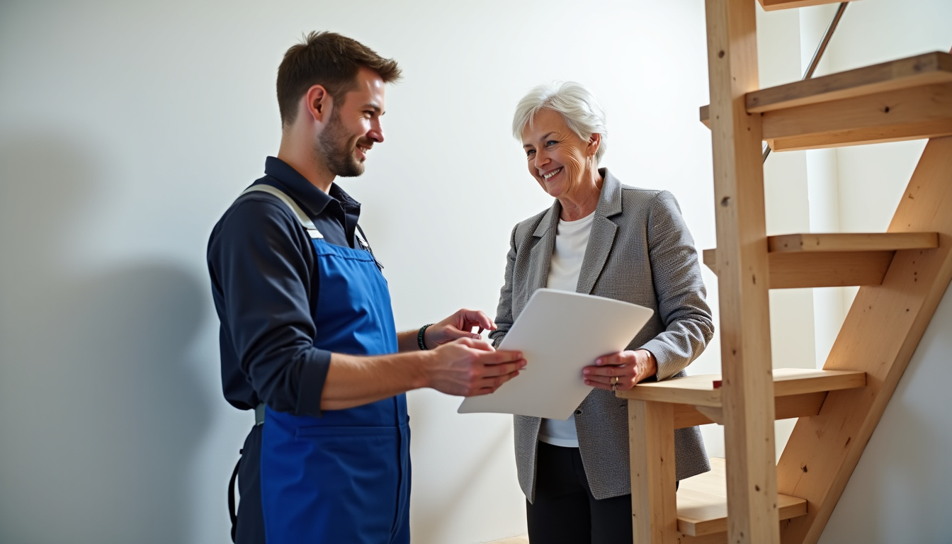 Un technicien présente un devis d’installation de monte-escalier à un couple âgé à Avelin