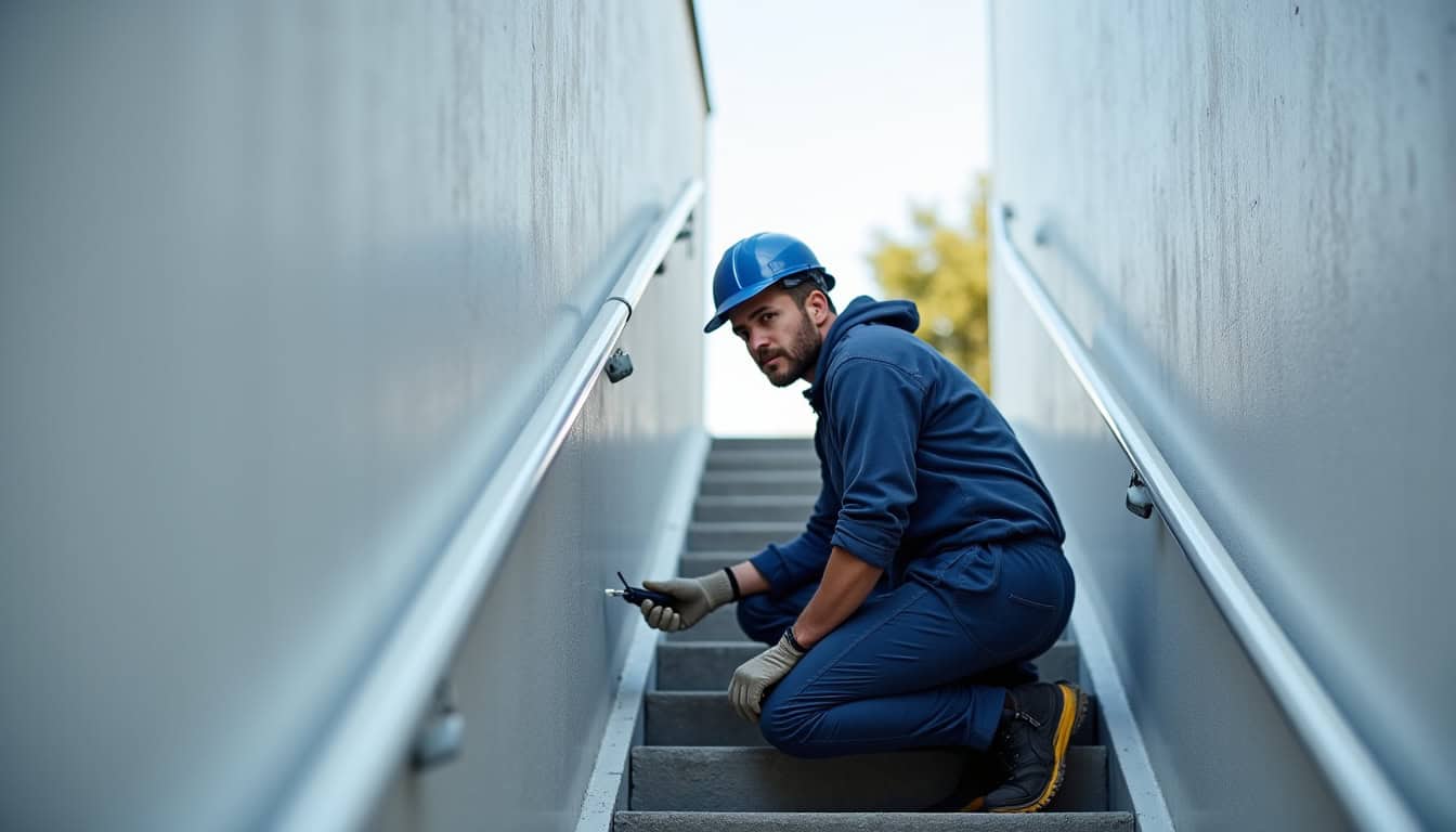 Un technicien réalise une maintenance annuelle sur un monte-escalier à Vallon-Pont-d