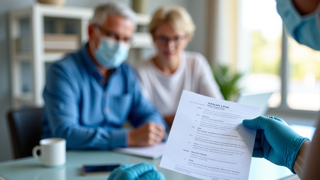 Un technicien remet un devis détaillé à un couple âgé à Saint-Brevin-les-Pins