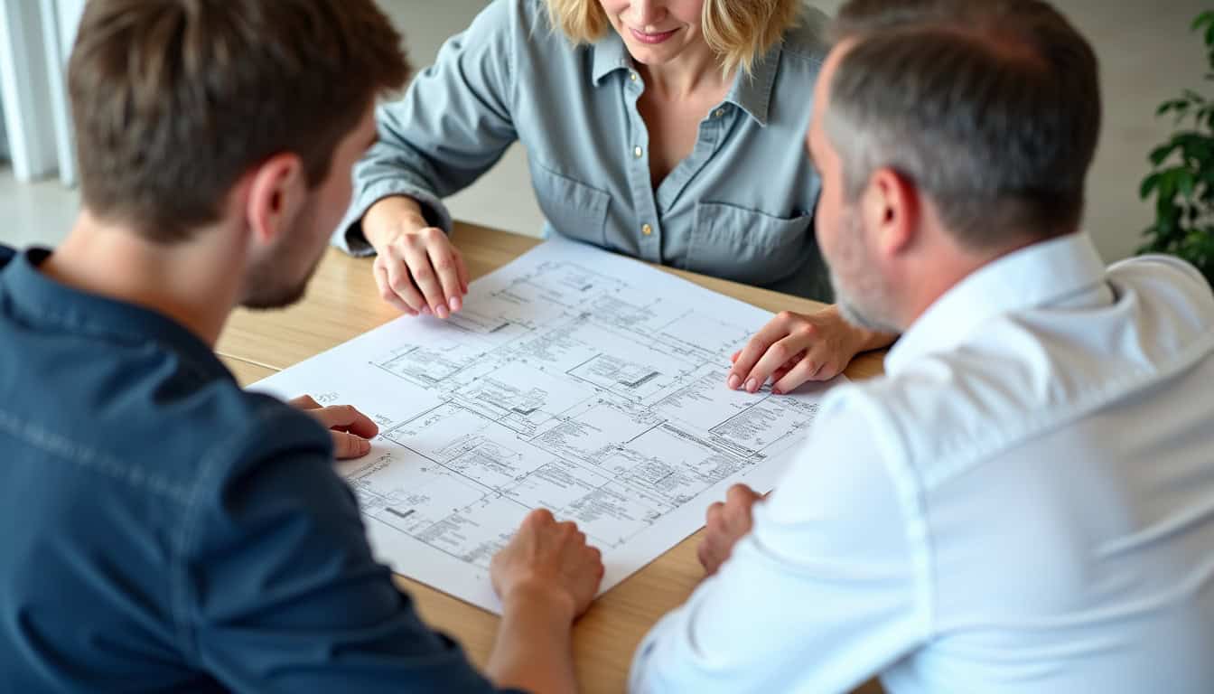 Un technicien remet un devis détaillé à un couple âgé dans leur salon à Sarre-Union, avec des plans d