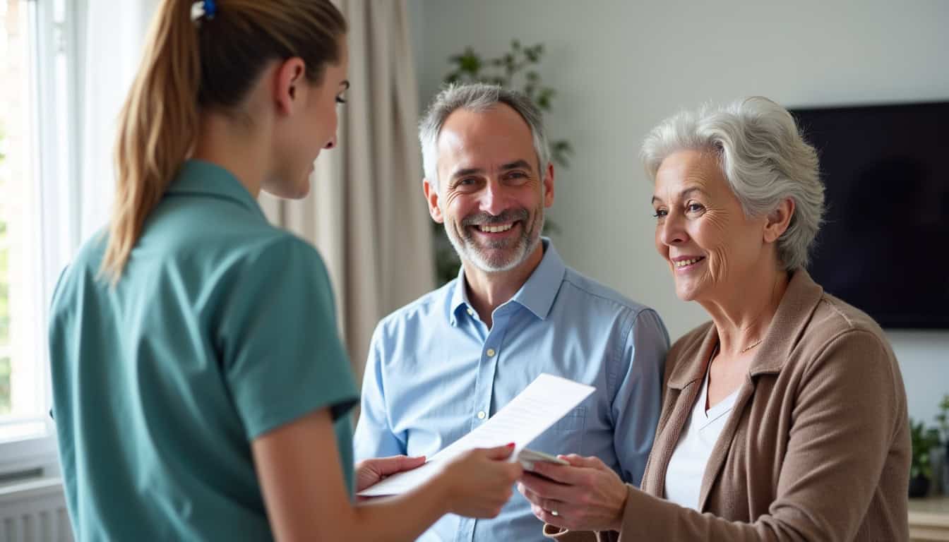 Un technicien remet un devis détaillé à un couple âgé lors d’une visite à domicile