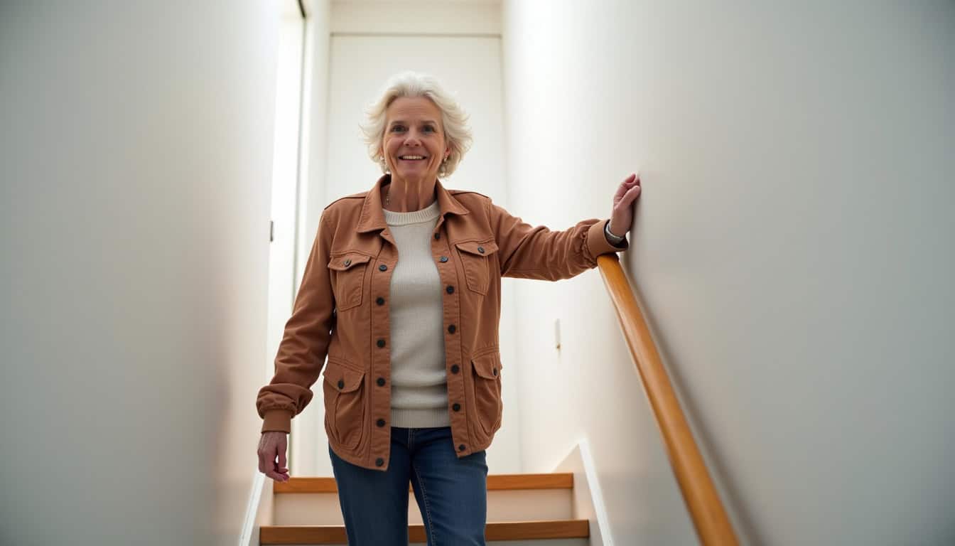 Un utilisateur âgé utilise son monte-escalier dans une villa à Le Cannet, en souriant lors de son déplacement entre deux étages