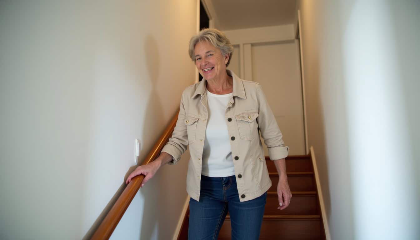 Une personne âgée utilise confortablement son monte-escalier dans sa maison, souriant et en sécurité