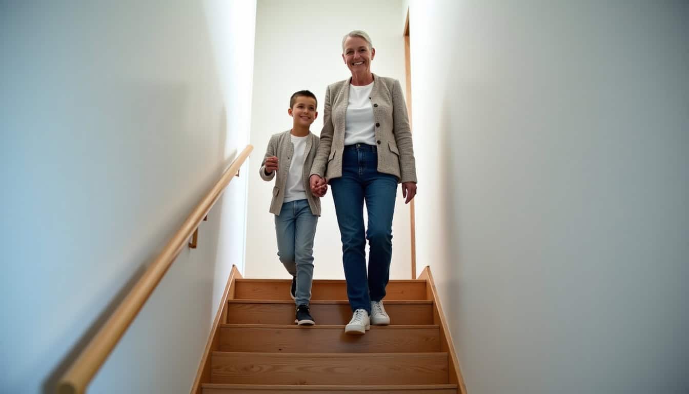 Une personne âgée utilise son monte-escalier à Sarre-Union, souriante et en sécurité, pendant que son petit-enfant l