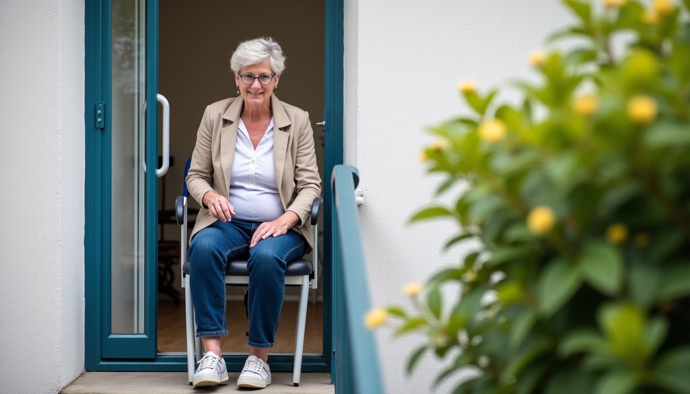 Utilisation d’un monte-escalier extérieur par une personne âgée, assise confortablement sur le siège, en train de monter vers sa terrasse