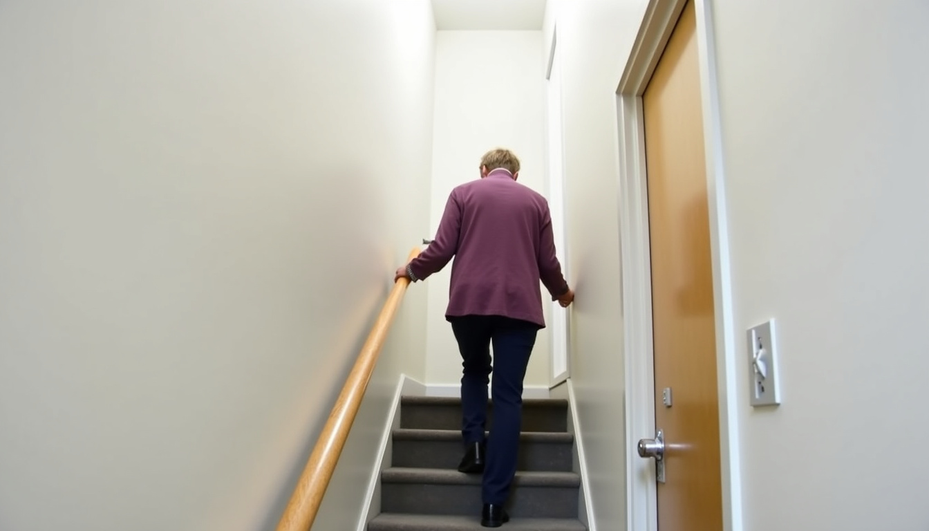 Utilisation d’un monte-escalier intérieur par une personne âgée dans une maison de Le Manoir