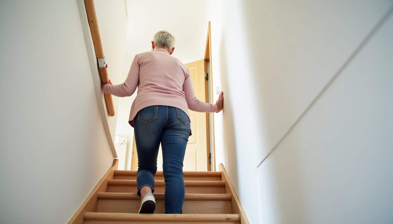 Utilisation d’un monte-escalier par une personne âgée dans sa maison à Moulins-Engilbert