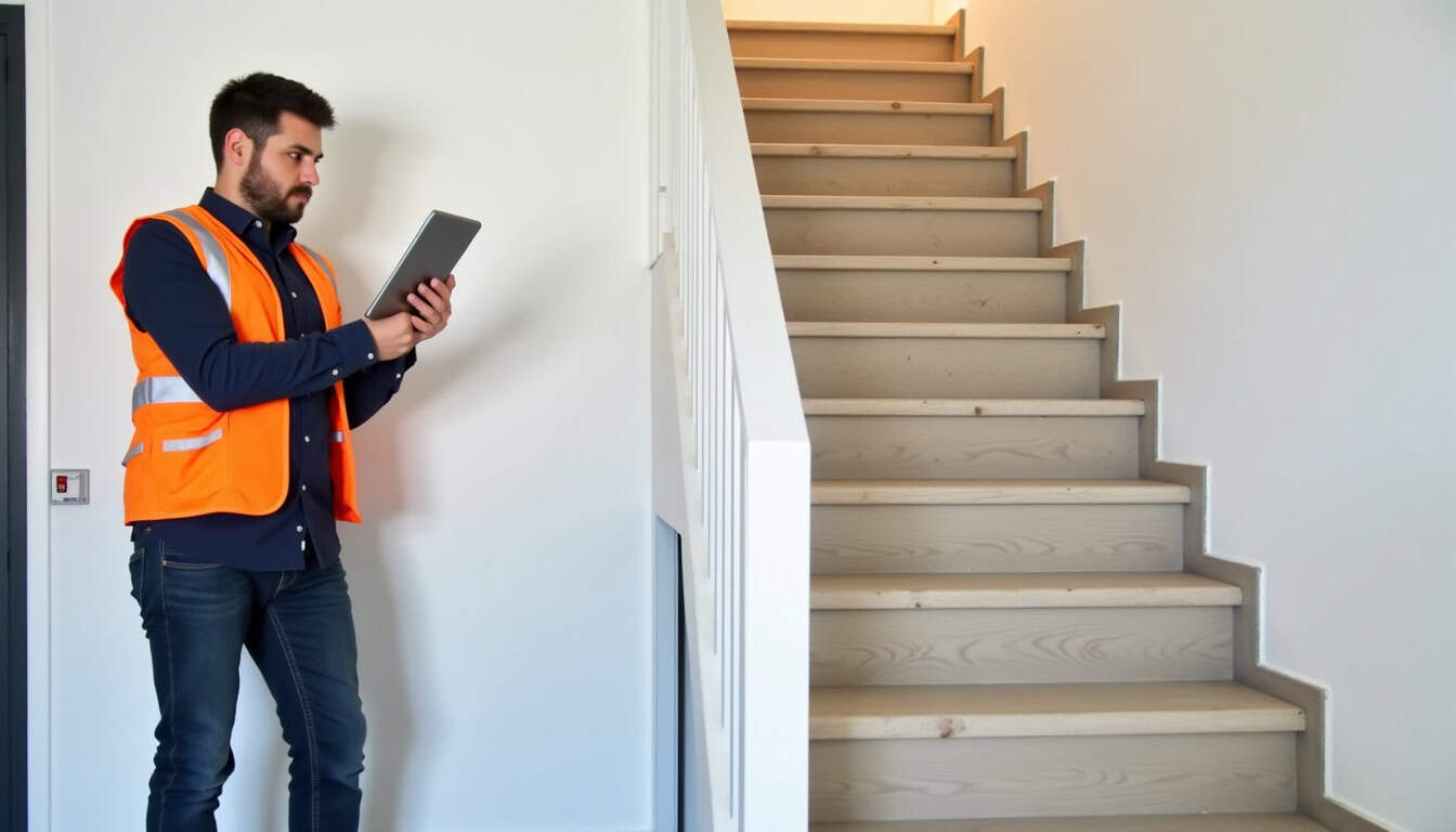Visite technique à domicile pour un monte-escalier à Serres-Castet avec prise de mesures et discussion avec le technicien