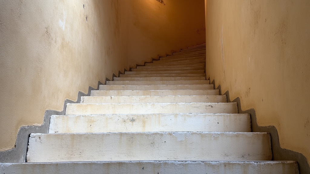 Vue d’un monte-escalier tournant en courbe sur un vieil escalier à Saint-Laurent-du-Pape