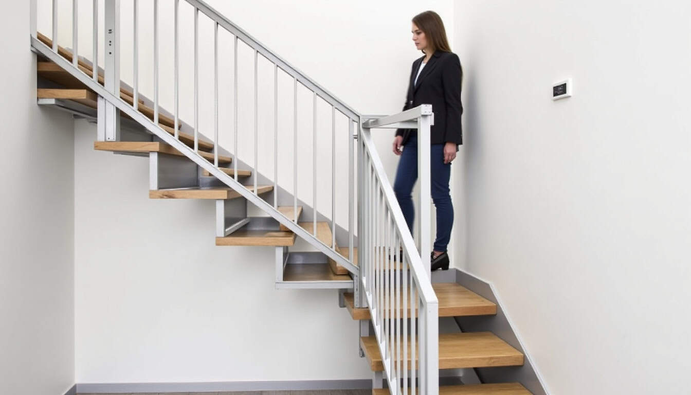 Vue technique d’un monte-escalier installé dans une maison à Alboussière, montrant les composants principaux: rail, siège, commande et système de sécurité