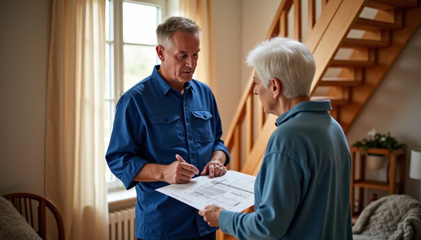 Conseiller technique en train de discuter avec un client à Wingen-sur-Moder pour un devis de monte-escalier