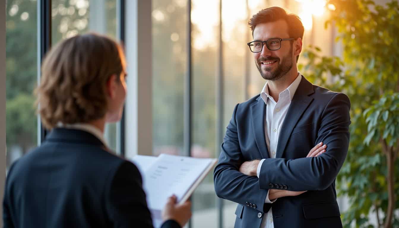 Conseiller technique présentant un devis pour un monte-escalier à un résident de Puilboreau
