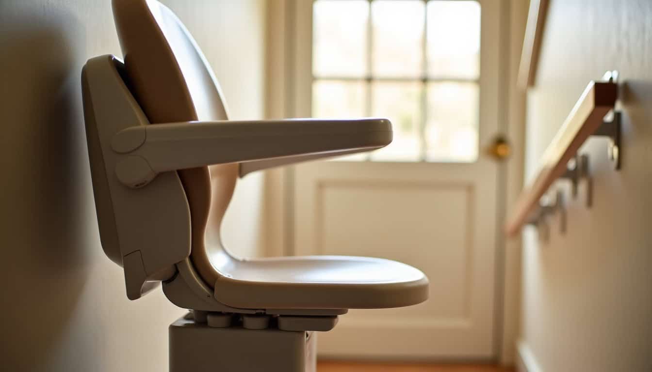 Détail du siège d’un monte-escalier à Pont-du-Château, montrant le repose-pieds, les accoudoirs et la ceinture de sécurité