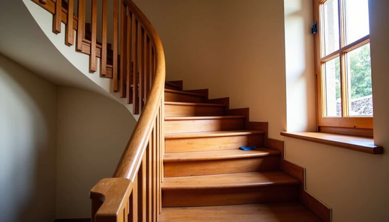 Escalier tournant dans une maison à Wingen-sur-Moder, illustrant une configuration complexe nécessitant un monte-escalier adapté