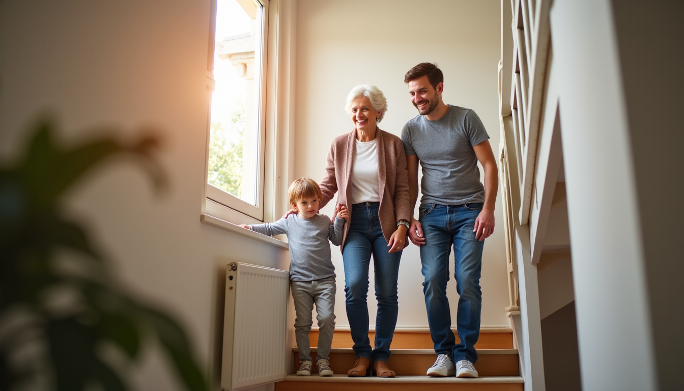 Famille heureuse avec un aîné utilisant un monte-escalier dans une maison à Rosoy