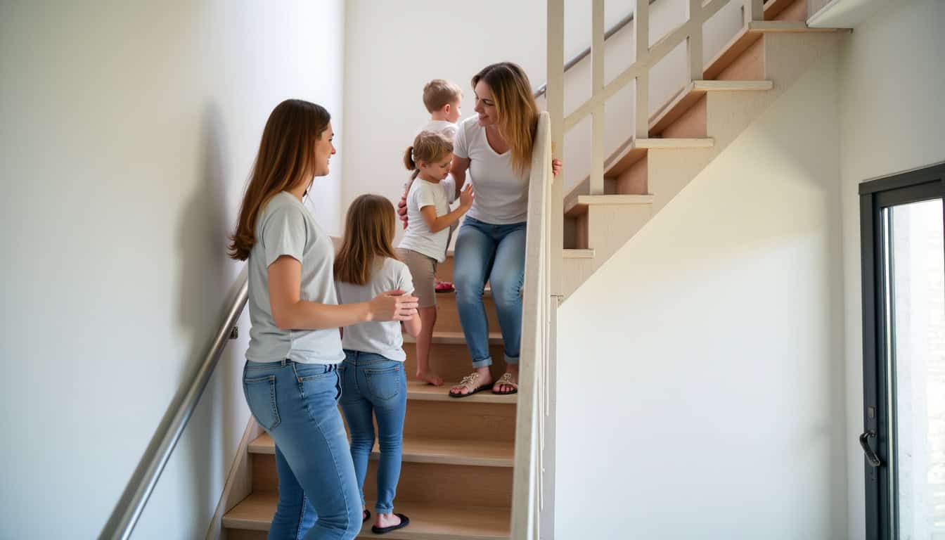 Famille heureuse avec un proche utilisant un monte-escalier dans une maison de Chasseneuil-sur-Bonnieure