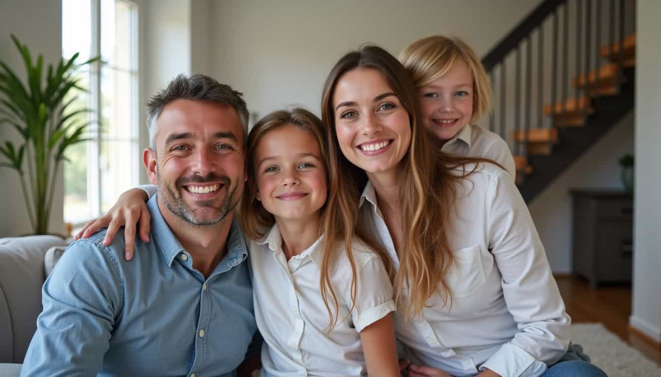 Famille souriante posant dans un salon avec un monte-escalier installé en arrière-plan