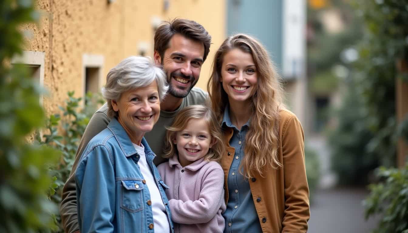 Famille souriante posant près de leur monte-escalier récemment installé à Guillac