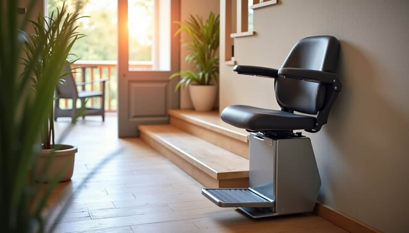 Fauteuil élévateur installé sur un escalier droit dans une maison à Saint-Aignan