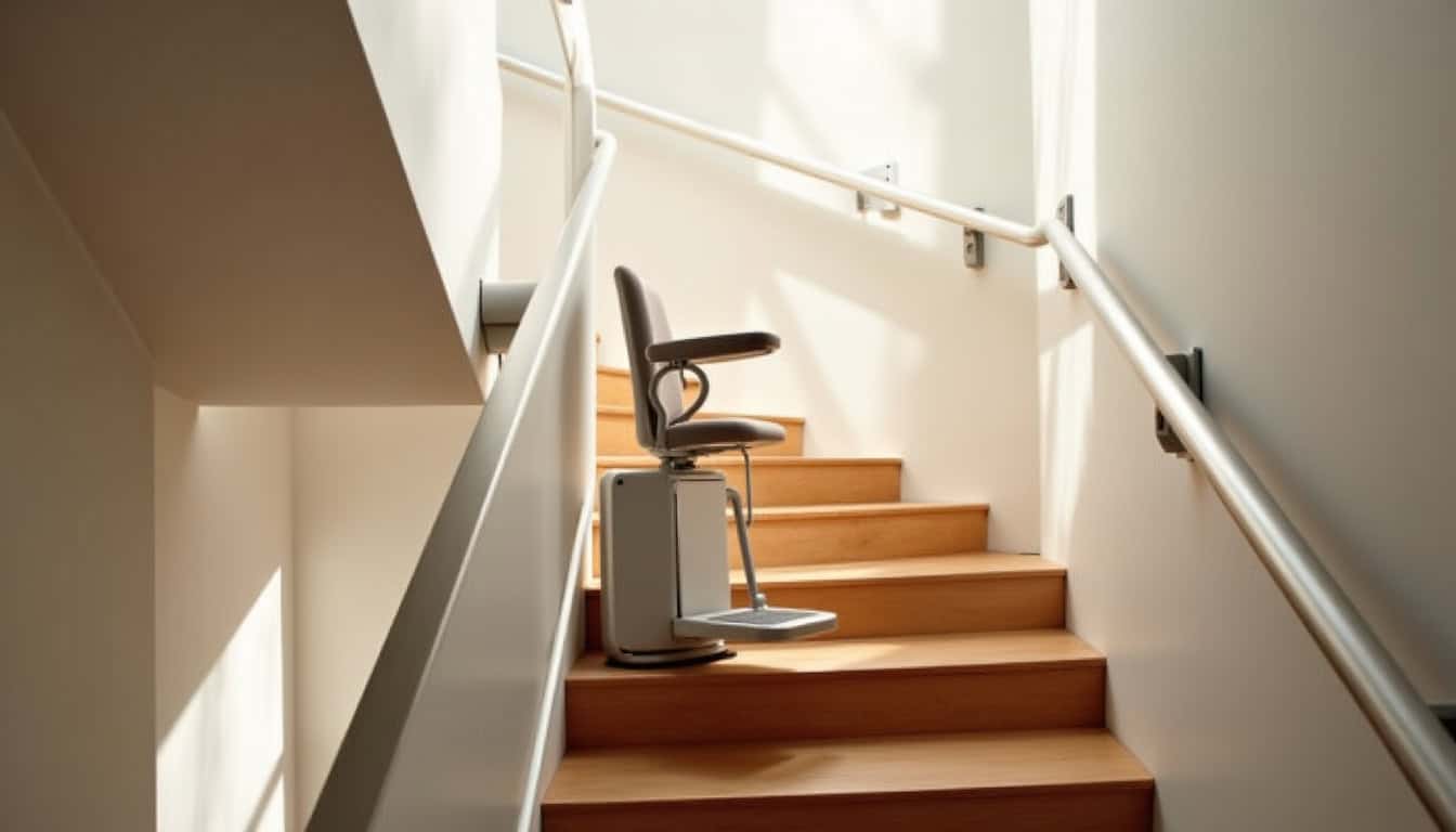 Fauteuil monte-escalier Hawle HW10 installé sur un escalier courbe, rail sur mesure en acier thermolaqué
