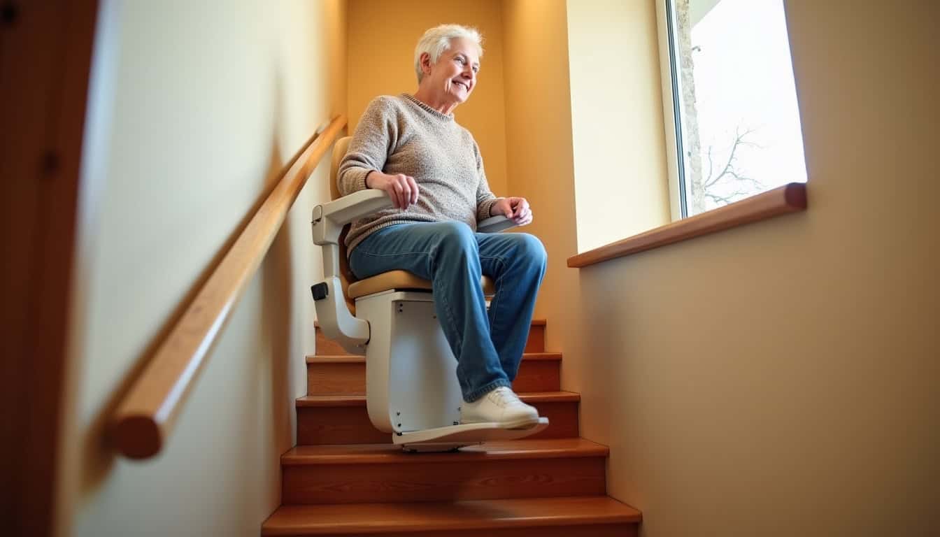 Fauteuil monte-escalier installé dans une maison à Meyenheim, avec un utilisateur en train de monter les marches en toute sécurité