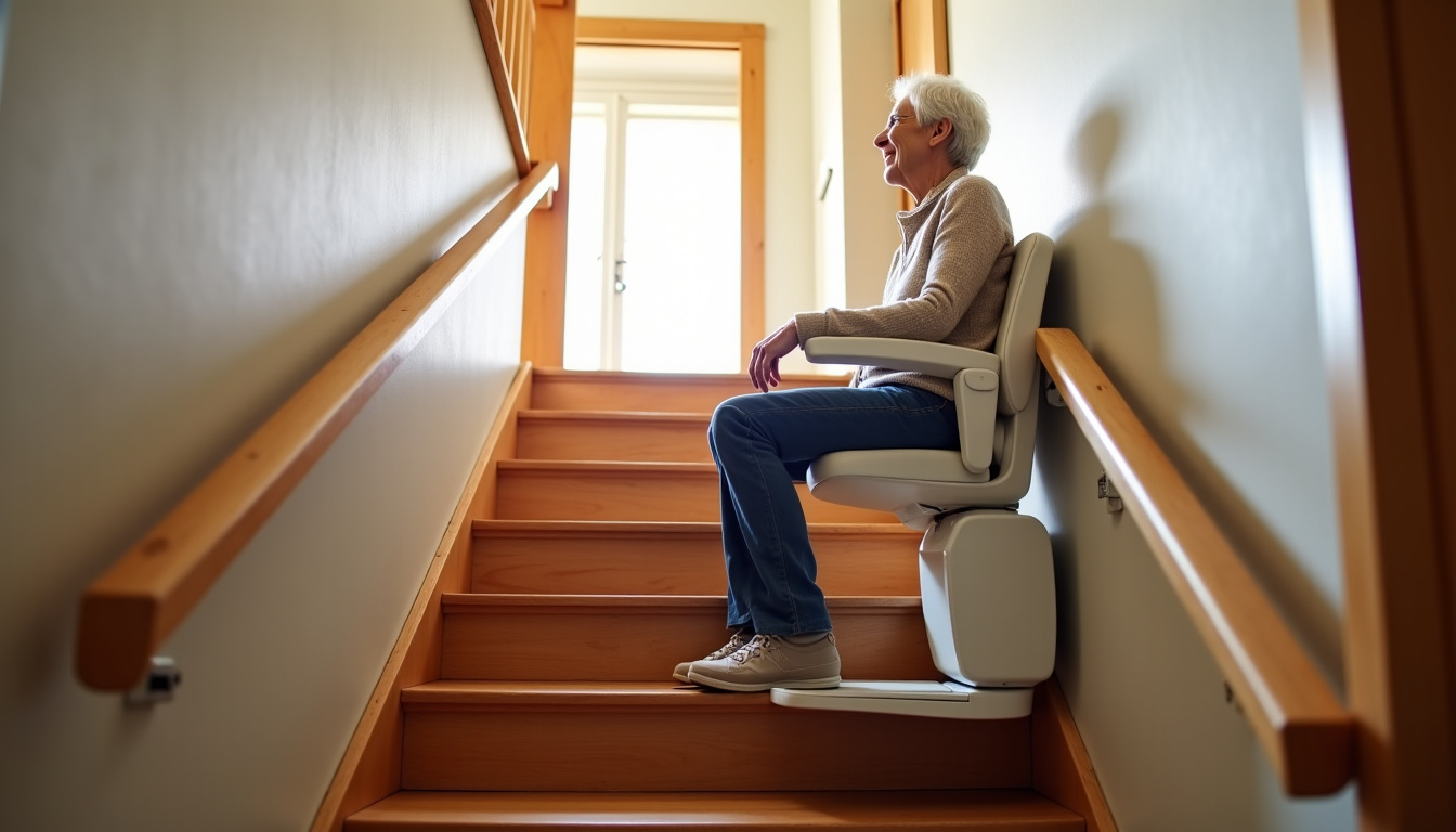Fauteuil monte-escalier installé dans une maison à Montluel, en fonctionnement