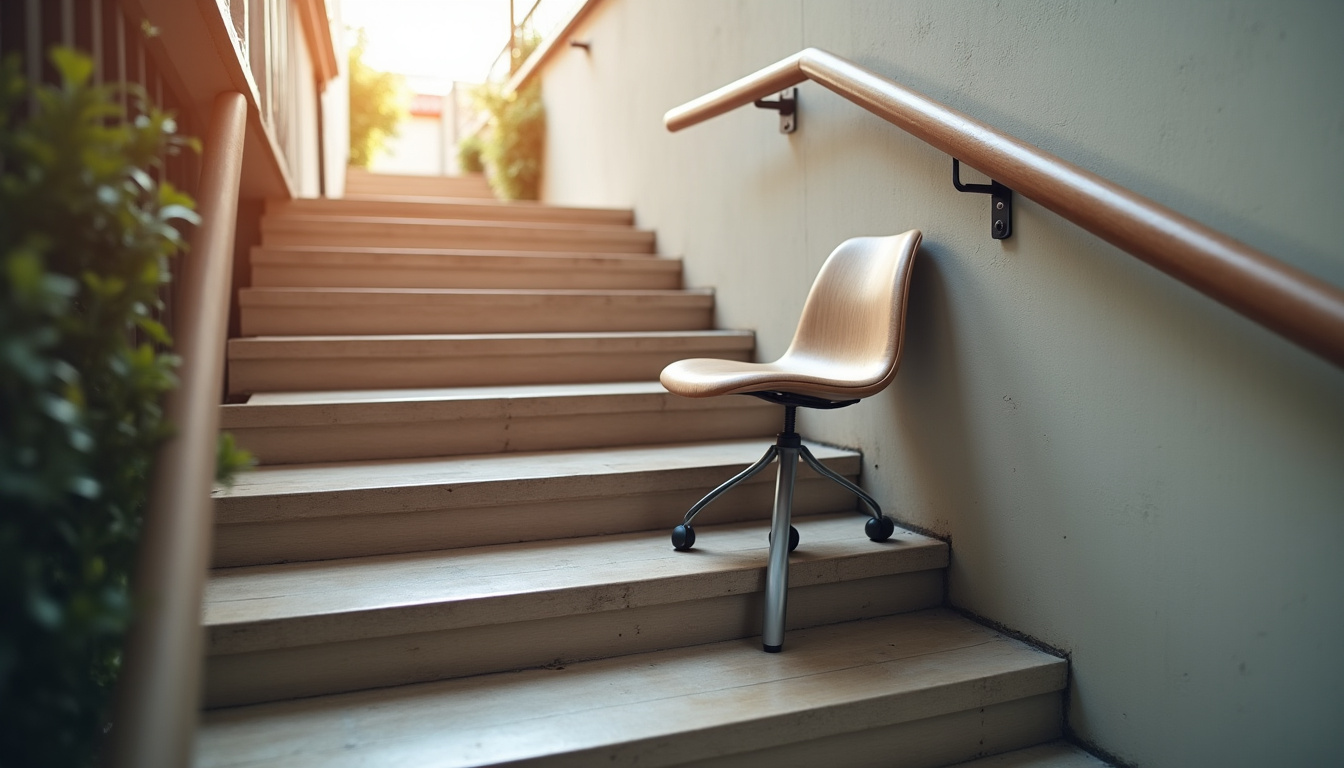 Fauteuil monte-escalier installé sur un escalier tournant à Dzaoudzi