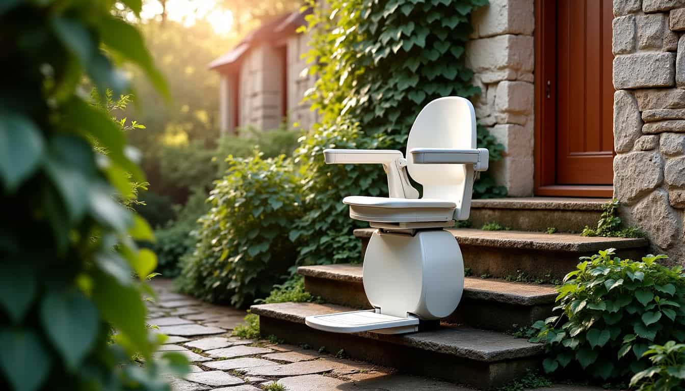 Installation d’un monte-escalier extérieur à Naves, modèle Acorn A130 avec bâche de protection